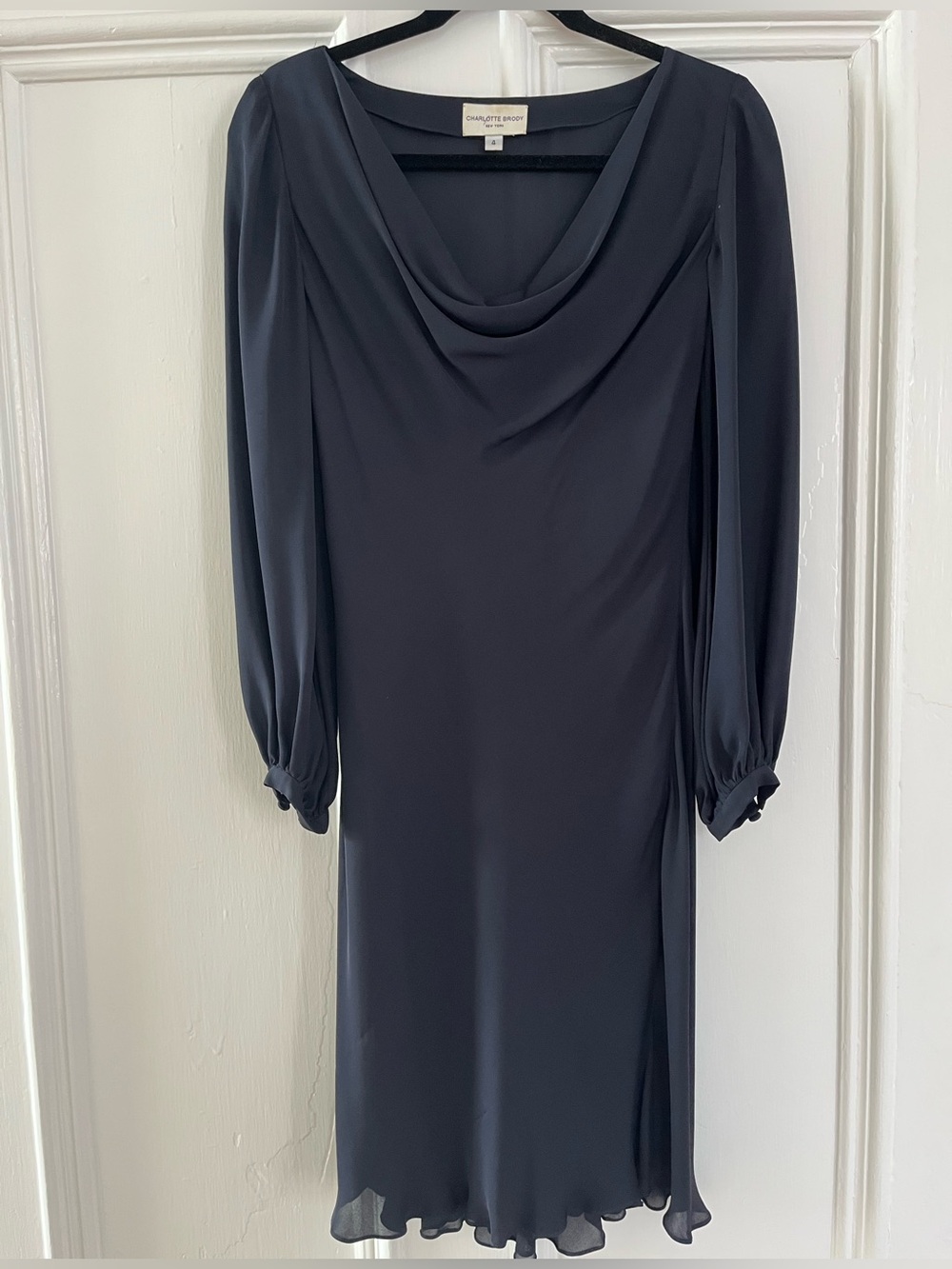 Charlotte Brody Dark Navy Silk Cowl Neck Long Sleeve Dress